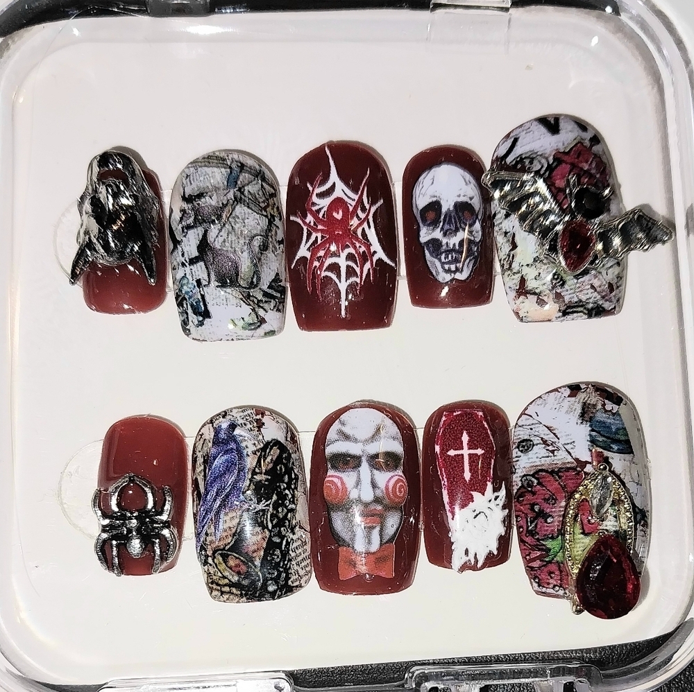 Hand Crafted Gothic Red and Black Press-On Nails with Skulls Custom Sz 03224